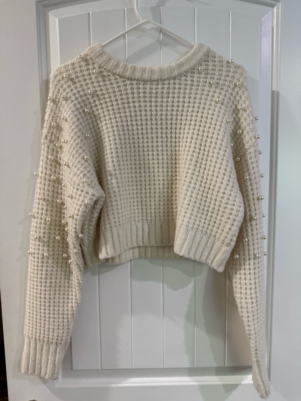 Altar'd State Cream Pearl-Embellished Cropped Sweater